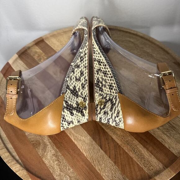 Tory Burch Snakeskin Savannah Wedge Sandal Ankle Strap‎ Sz. 9 Gold Logo Hardware - Picture 10 of 15